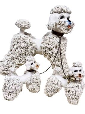 Vintage MCM RARE Large White Ceramic Poodle Dog Figurine Trio - Family